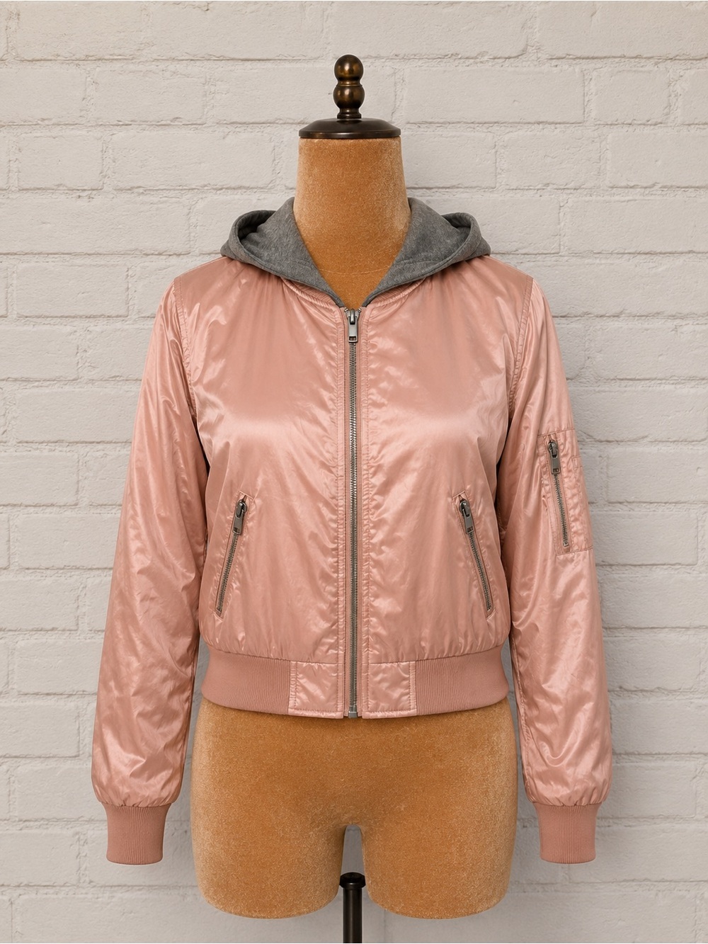 Forever 21 Blush Pink Hooded Bomber Jacket with Gray Hood